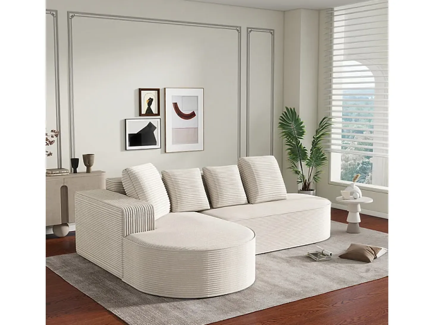 Sofá angular esquerdo de Veludo de canelura larga com 4 almofadas - 265x67x40,5cm - Branco