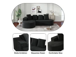 Sofá angular esquerdo de Veludo de canelura larga com 4 almofadas - 265x67x40,5cm - Preto