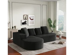 Sofá angular esquerdo de Veludo de canelura larga com 4 almofadas - 265x67x40,5cm - Preto