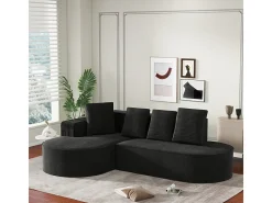 Sofá angular esquerdo de Veludo de canelura larga com 4 almofadas - 265x67x40,5cm - Preto