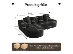 Sofá angular esquerdo de Veludo de canelura larga com 4 almofadas - 265x67x40,5cm - Preto