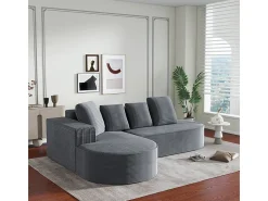 Sofá angular esquerdo de Veludo de canelura larga com 4 almofadas - 265x67x40,5cm - Cinza
