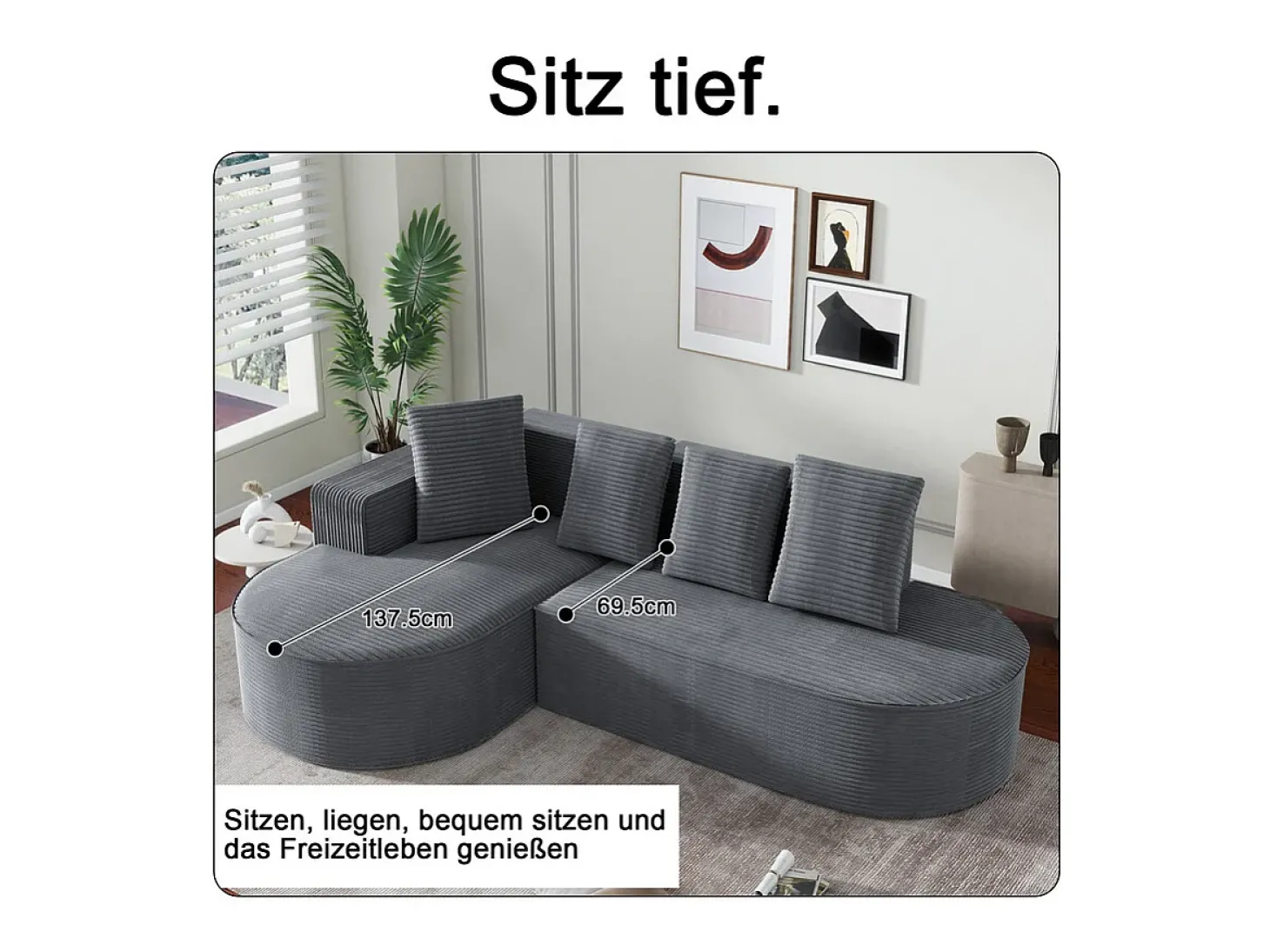 Sofá angular esquerdo de Veludo de canelura larga com 4 almofadas - 265x67x40,5cm - Cinza