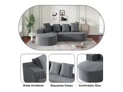 Sofá angular esquerdo de Veludo de canelura larga com 4 almofadas - 265x67x40,5cm - Cinza
