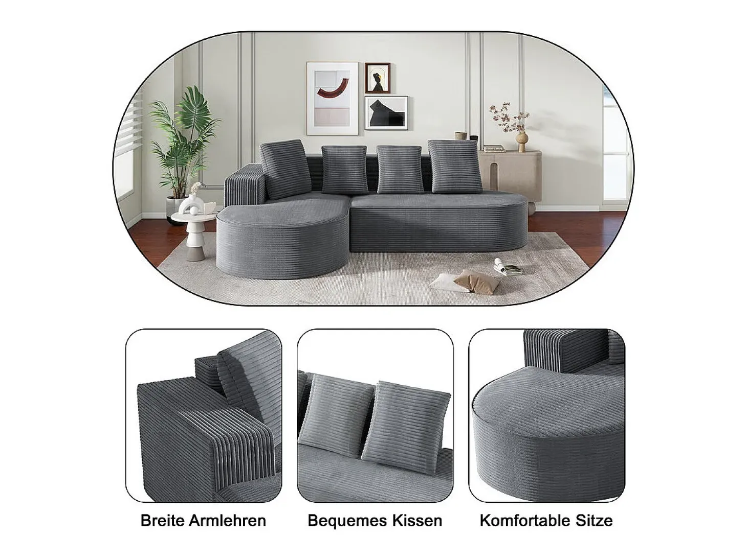 Sofá angular esquerdo de Veludo de canelura larga com 4 almofadas - 265x67x40,5cm - Cinza