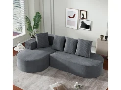 Sofá angular esquerdo de Veludo de canelura larga com 4 almofadas - 265x67x40,5cm - Cinza