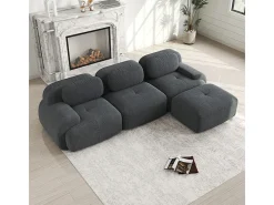 Sofá angular modular 3 lugares - de Veludo cotelê - com 3 almofadas e puff - 298x178x75cm - Cinza