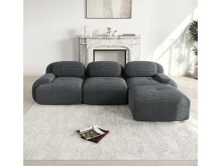 Sofá angular modular 3 lugares - de Veludo cotelê - com 3 almofadas e puff - 298x178x75cm - Cinza