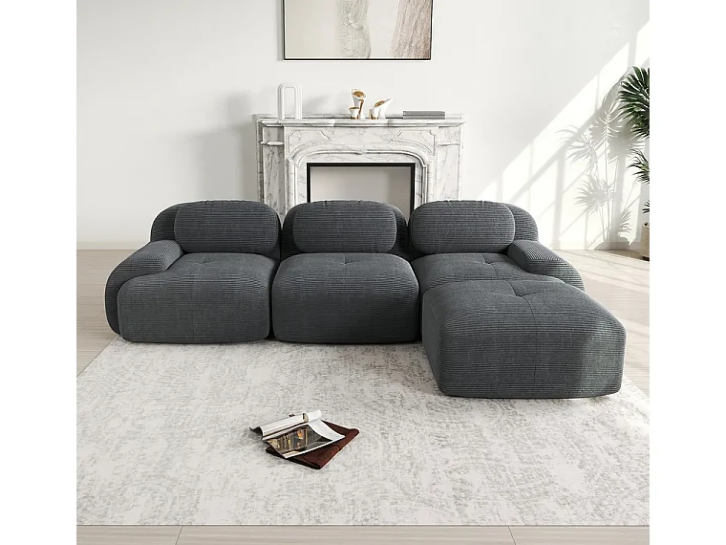 Sofá angular modular 3 lugares - de Veludo cotelê - com 3 almofadas e puff - 298x178x75cm - Cinza
