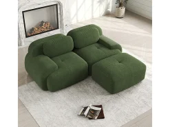 Sofá angular modular 2 lugares - de Veludo cotelê - com 2 almofadas e puff - ergonómico - 208x178x75cm - Verde
