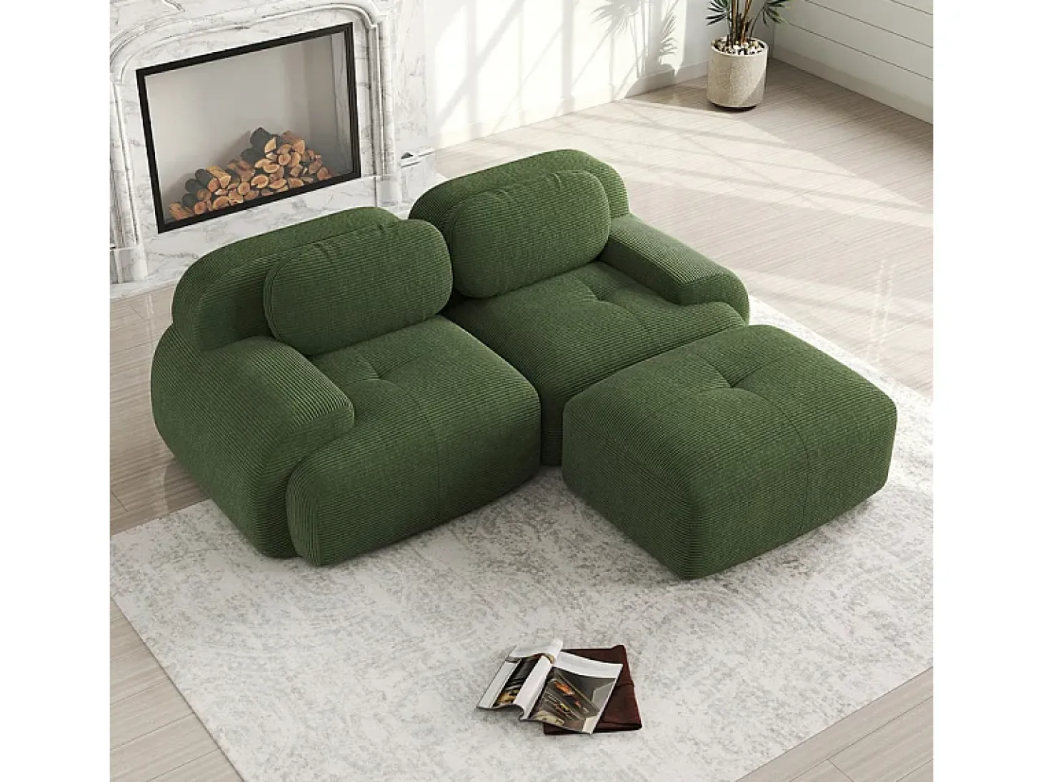 Sofá angular modular 2 lugares - de Veludo cotelê - com 2 almofadas e puff - ergonómico - 208x178x75cm - Verde