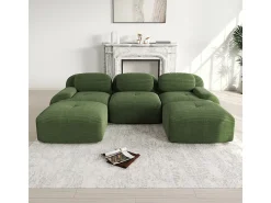Sofá angular modular 3 lugares - de Veludo cotelê - com 3 almofadas e 2 puffs - 298x178x75cm - Verde