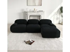 Sofá angular modular 3 lugares - de Veludo cotelê - com 3 almofadas e puff - 298x178x75cm - Preto
