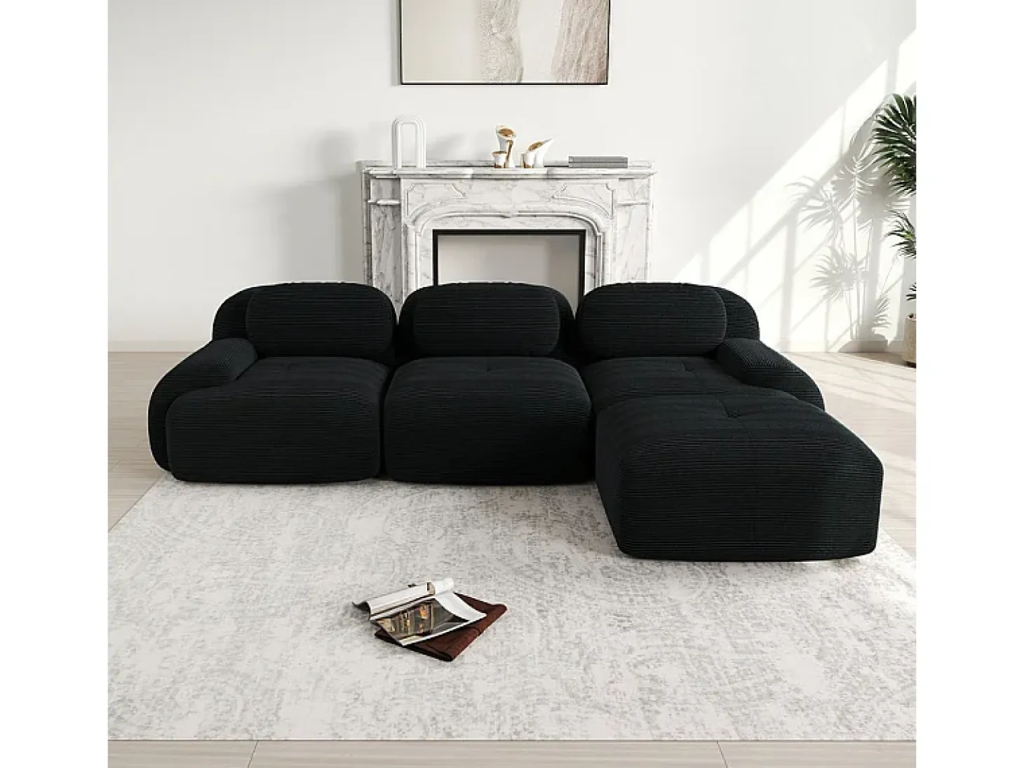Sofá angular modular 3 lugares - de Veludo cotelê - com 3 almofadas e puff - 298x178x75cm - Preto