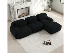 Sofá angular modular 3 lugares - de Veludo cotelê - com 3 almofadas e puff - 298x178x75cm - Preto
