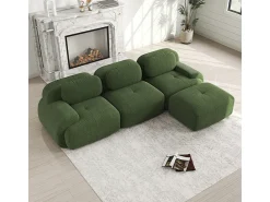 Sofá angular modular 3 lugares - de Veludo cotelê - com 3 almofadas e puff - 298x178x75cm - Verde