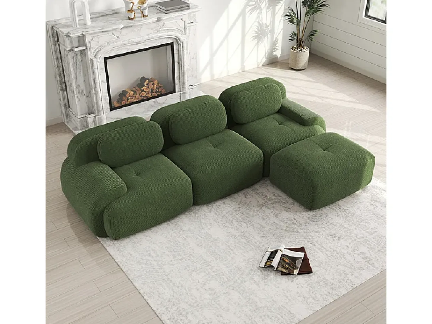 Sofá angular modular 3 lugares - de Veludo cotelê - com 3 almofadas e puff - 298x178x75cm - Verde
