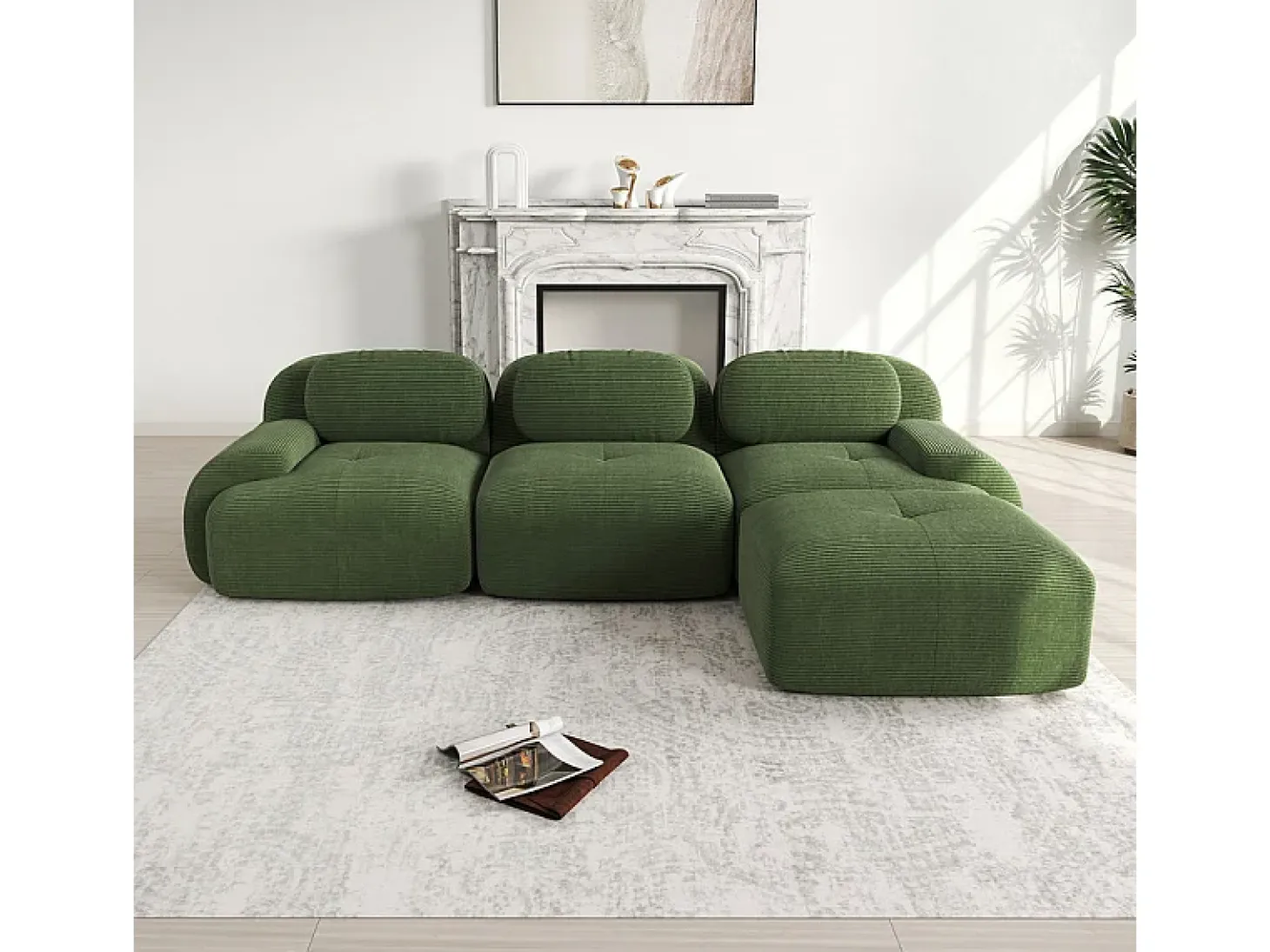 Sofá angular modular 3 lugares - de Veludo cotelê - com 3 almofadas e puff - 298x178x75cm - Verde