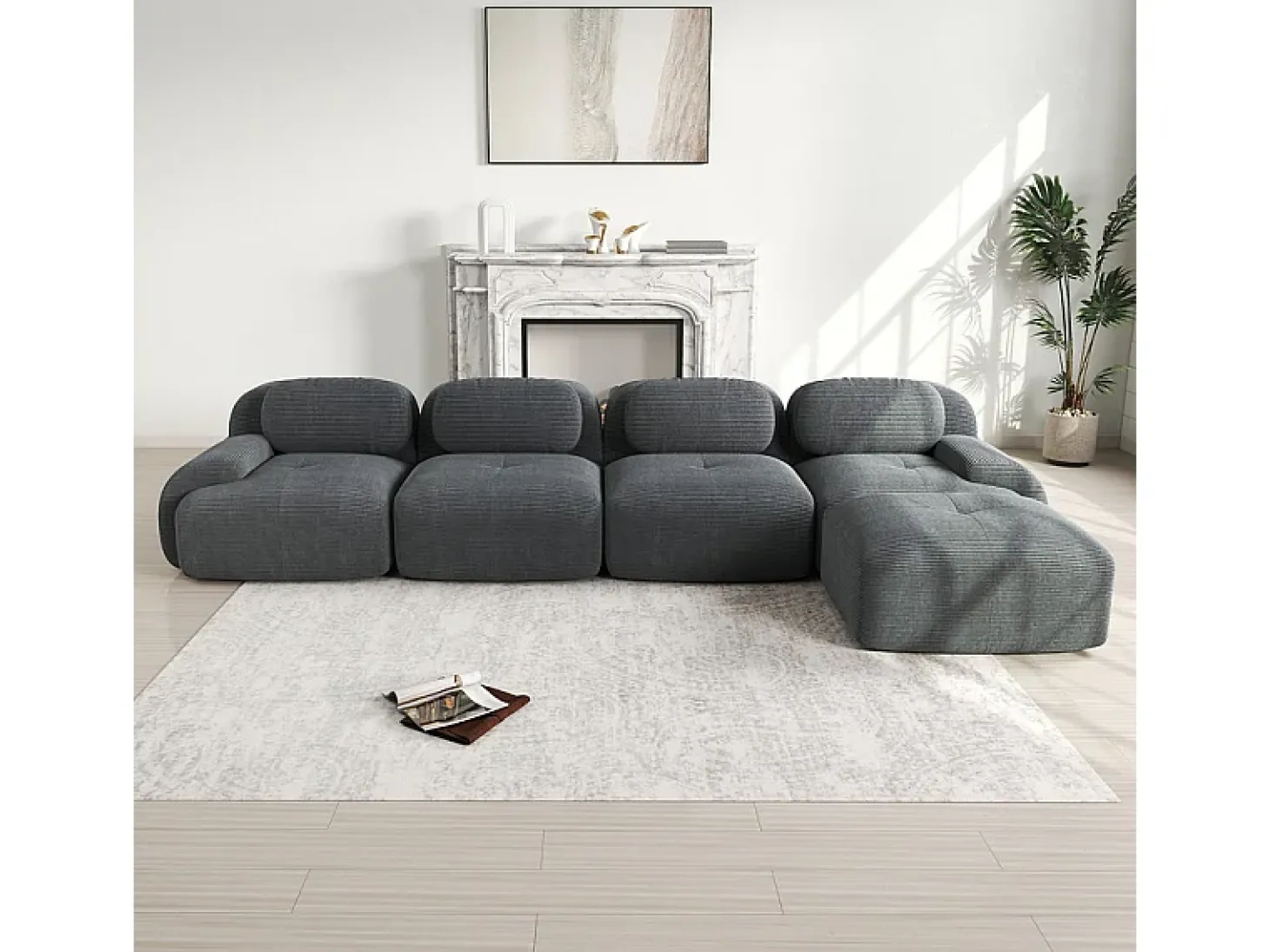 Sofá angular modular 4 lugares - de Veludo cotelê - com 4 almofadas e puff - 388x178x75cm - Cinza