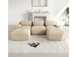 Sofá angular modular 3 lugares - de Veludo cotelê - com 3 almofadas e 2 puffs - 298x178x75cm - Bege
