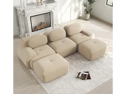 Sofá angular modular 3 lugares - de Veludo cotelê - com 3 almofadas e 2 puffs - 298x178x75cm - Bege