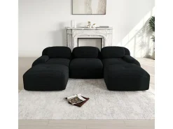 Sofá angular modular 3 lugares - de Veludo cotelê - com 3 almofadas e 2 puffs - 298x178x75cm - Preto