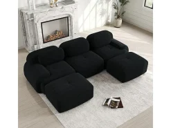 Sofá angular modular 3 lugares - de Veludo cotelê - com 3 almofadas e 2 puffs - 298x178x75cm - Preto