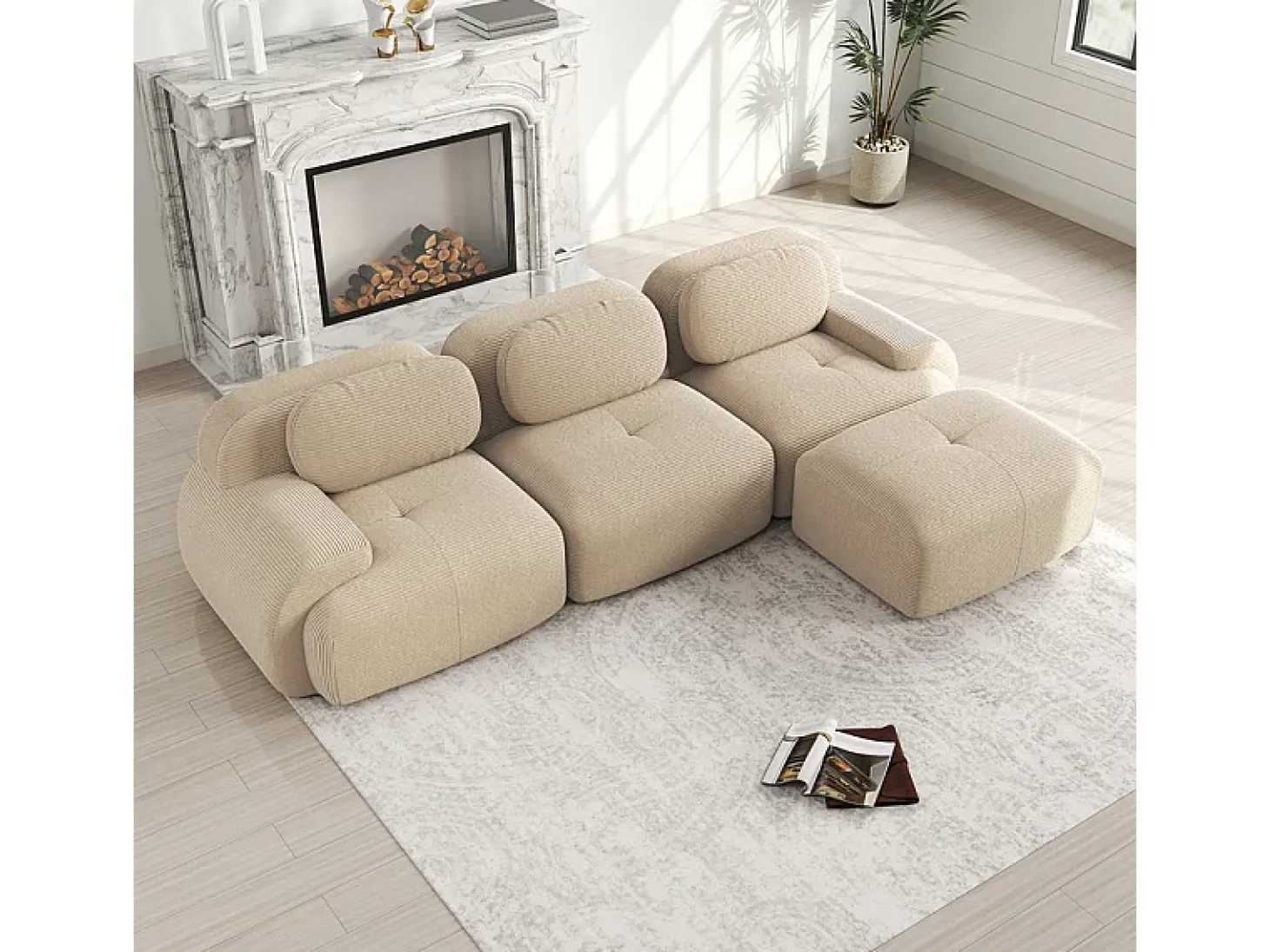 Sofá angular modular 3 lugares - de Veludo cotelê - com 3 almofadas e puff - 298x178x75cm - Bege