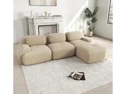 Sofá angular modular 3 lugares - de Veludo cotelê - com 3 almofadas e puff - 298x178x75cm - Bege
