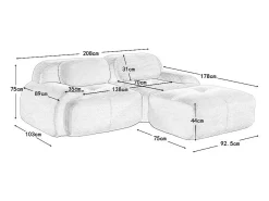 Sofá angular modular 2 lugares - de Veludo cotelê - com 2 almofadas e puff - ergonómico - 208x178x75cm - Bege