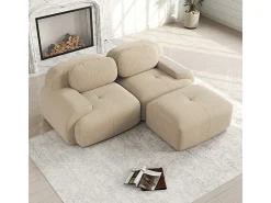 Sofá angular modular 2 lugares - de Veludo cotelê - com 2 almofadas e puff - ergonómico - 208x178x75cm - Bege