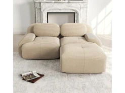 Sofá angular modular 2 lugares - de Veludo cotelê - com 2 almofadas e puff - ergonómico - 208x178x75cm - Bege