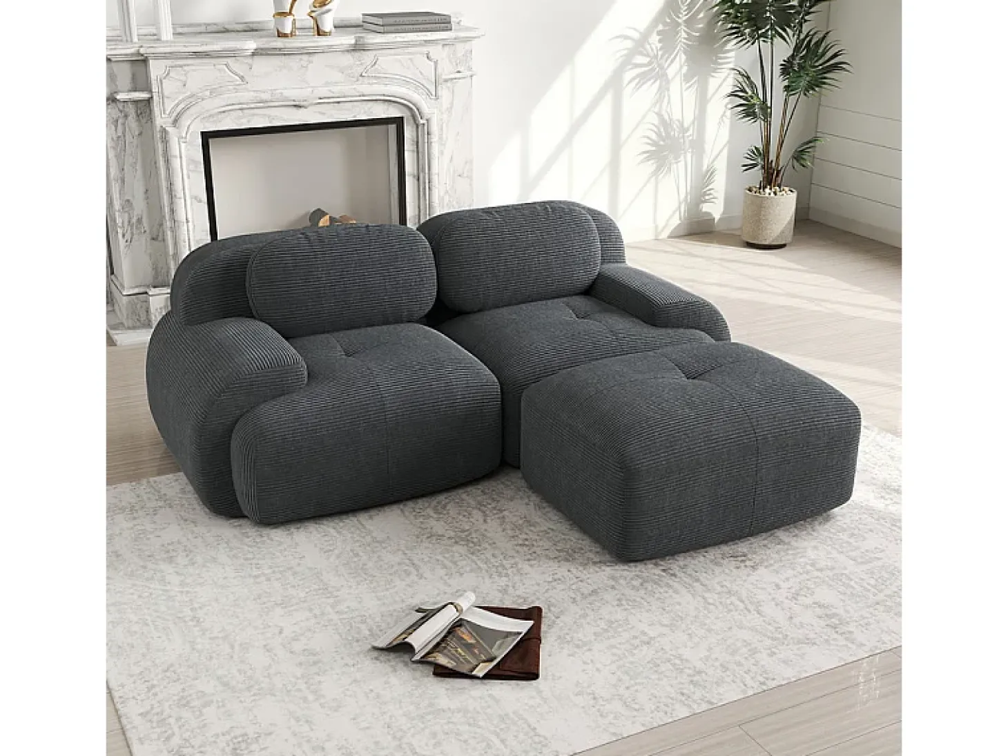 Sofá angular modular 2 lugares - de Veludo cotelê - com 2 almofadas e puff - ergonómico - 208x178x75cm - Cinza