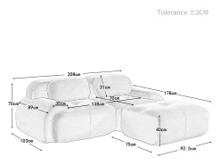 Sofá angular modular 2 lugares - de Veludo cotelê - com 2 almofadas e puff - ergonómico - 208x178x75cm - Cinza