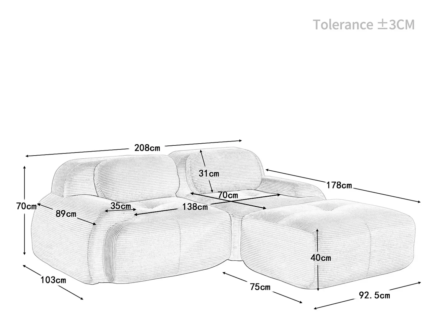 Sofá angular modular 2 lugares - de Veludo cotelê - com 2 almofadas e puff - ergonómico - 208x178x75cm - Cinza