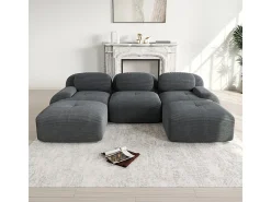 Sofá angular modular 3 lugares - de Veludo cotelê - com 3 almofadas e 2 puffs - 298x178x75cm - Cinza