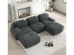 Sofá angular modular 3 lugares - de Veludo cotelê - com 3 almofadas e 2 puffs - 298x178x75cm - Cinza