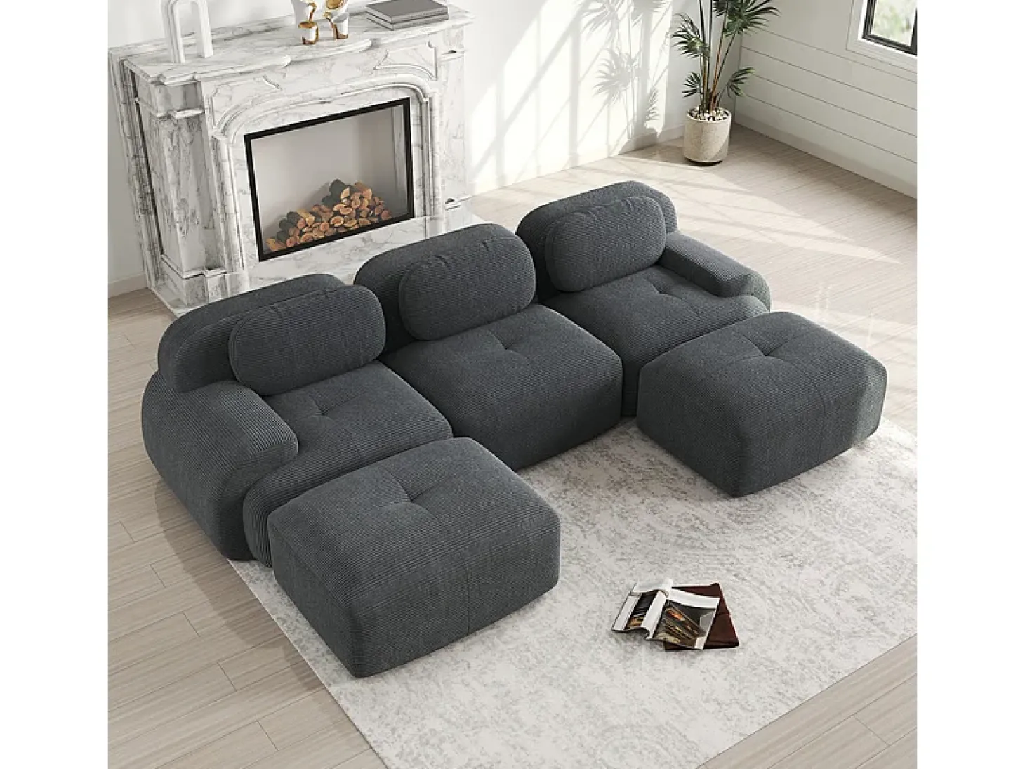 Sofá angular modular 3 lugares - de Veludo cotelê - com 3 almofadas e 2 puffs - 298x178x75cm - Cinza