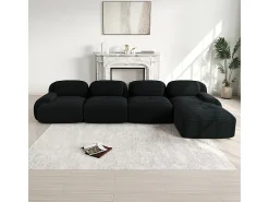 Sofá angular modular 4 lugares - de Veludo cotelê - com 4 almofadas e puff - 388x178x75cm - Preto