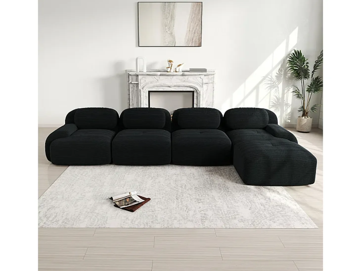 Sofá angular modular 4 lugares - de Veludo cotelê - com 4 almofadas e puff - 388x178x75cm - Preto