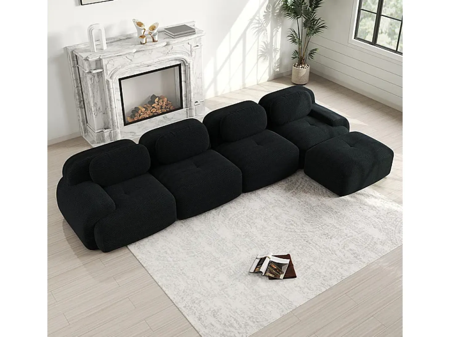 Sofá angular modular 4 lugares - de Veludo cotelê - com 4 almofadas e puff - 388x178x75cm - Preto