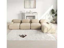 Sofá angular modular 4 lugares - de Veludo cotelê - com 4 almofadas e puff - 388x178x75cm - Bege