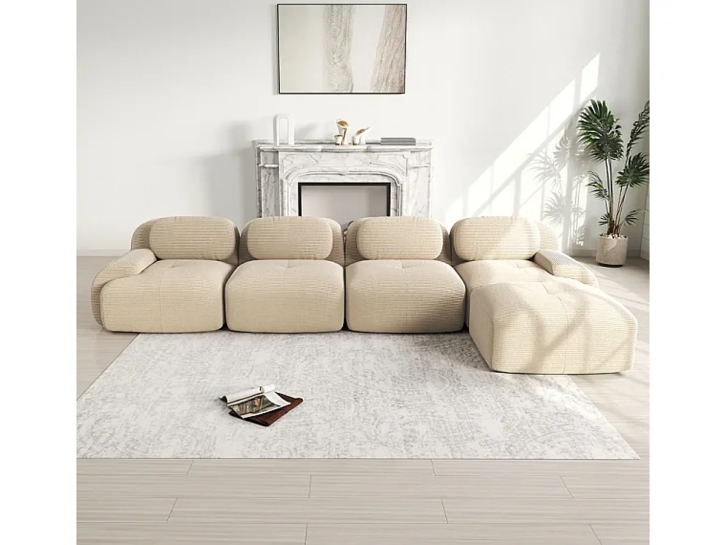 Sofá angular modular 4 lugares - de Veludo cotelê - com 4 almofadas e puff - 388x178x75cm - Bege