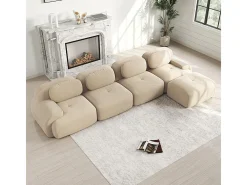 Sofá angular modular 4 lugares - de Veludo cotelê - com 4 almofadas e puff - 388x178x75cm - Bege