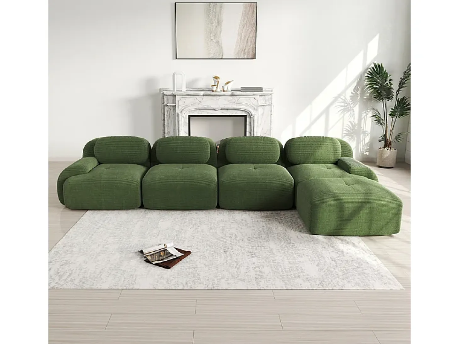 Sofá angular modular 4 lugares - de Veludo cotelê - com 4 almofadas e puff - 388x178x75cm - Verde
