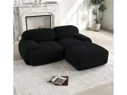 Sofá angular modular 2 lugares - de Veludo cotelê - com 2 almofadas e puff - ergonómico - 208x178x75cm - Preto