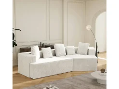 Sofá angular reto modular 307cm - de Veludo de canelura larga - 3 lugares - com 5 almofadas - Branco