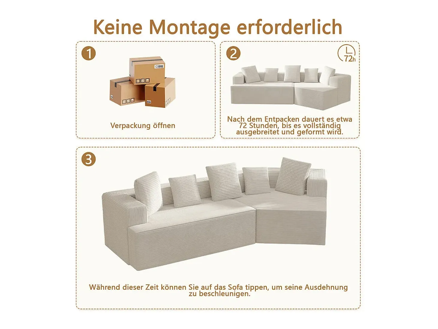 Sofá angular reto modular 307cm - de Veludo de canelura larga - 3 lugares - com 5 almofadas - Branco
