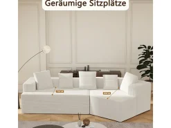Sofá angular reto modular 307cm - de Veludo de canelura larga - 3 lugares - com 5 almofadas - Branco
