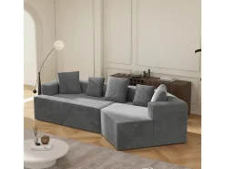 Sofá angular reto modular 307cm - de Veludo de canelura larga - 3 lugares - com 5 almofadas - Cinza